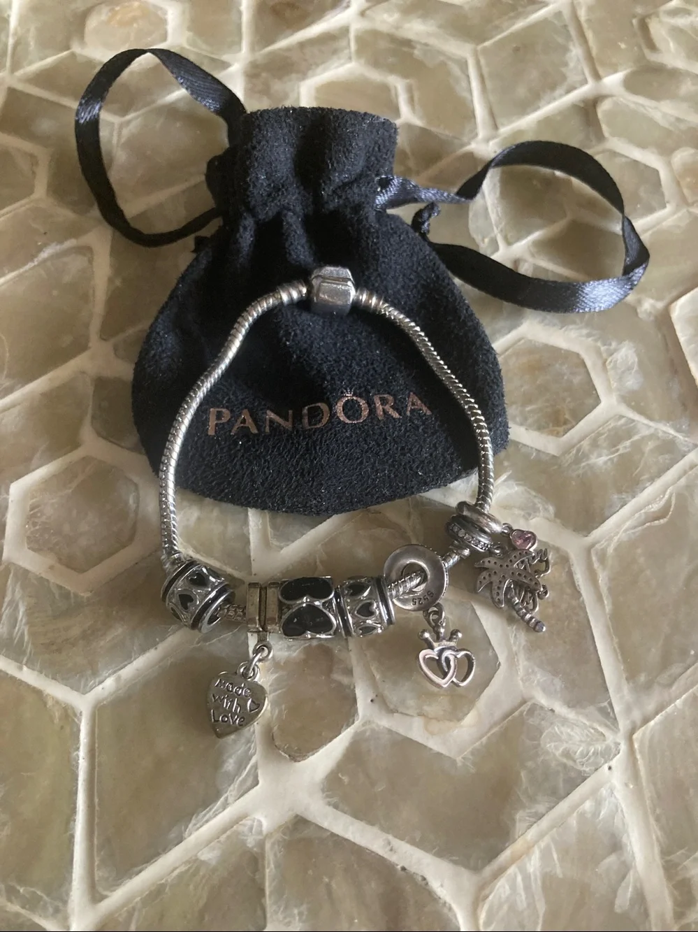 Pandora Moments snake chain barrel clasp bracelet w/6 charms
